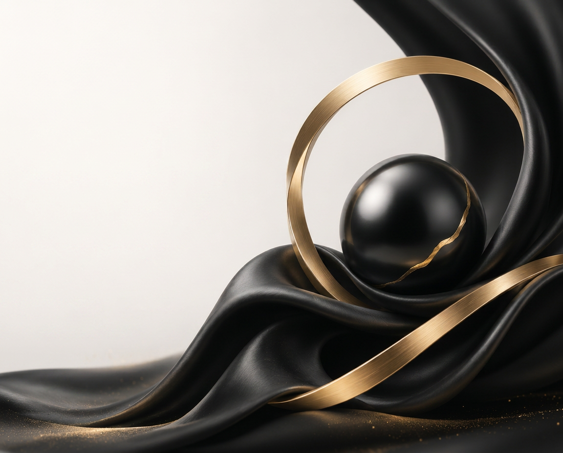 Glossy black pearl framed by brushed gold rings and sculptural black silk